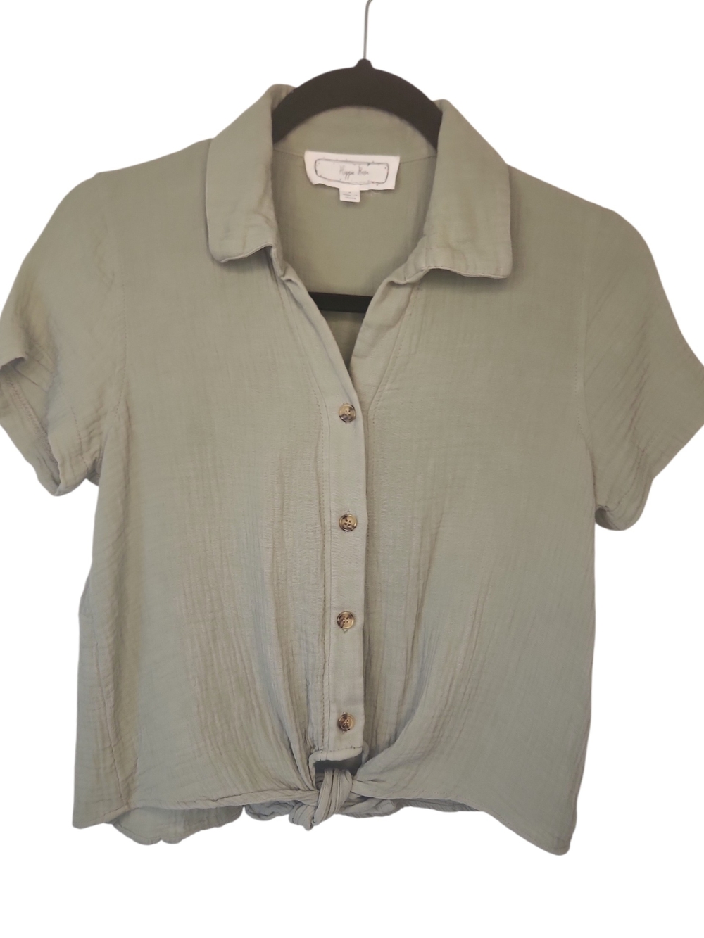 Hippie Rose Light Sage Tie-Front 100% Gauze Camp Short Sleeve Top/Shirt Size S